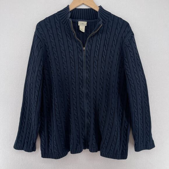LL BEAN Sweater Womens 3X Plus Cable Knit Mock Neck Full Zip Cotton Blue - Picture 1 of 14